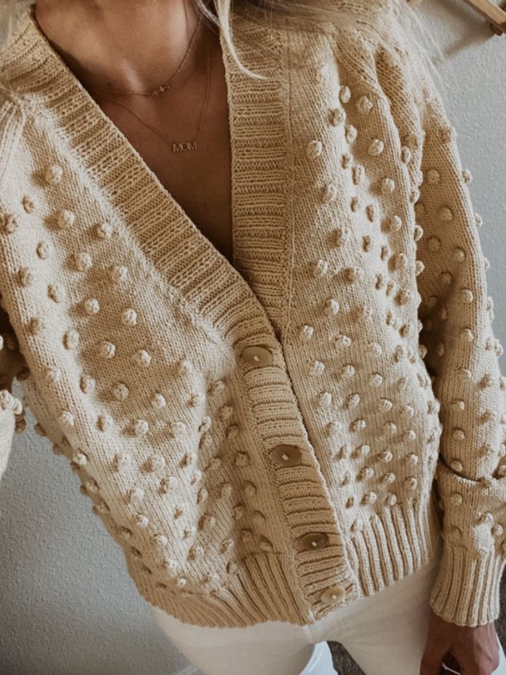 MISHA AND PUFF Adult Classic V Neck Popcorn Cardigan in Macadamia & SS 2021 XS/S